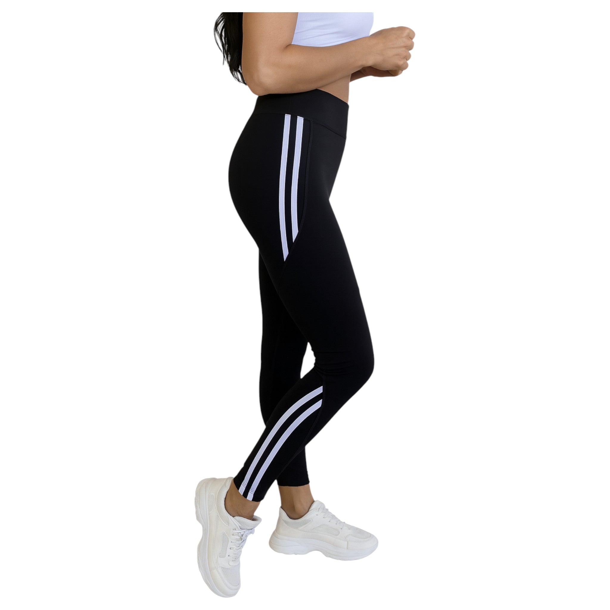 Women’s black high waisted leggings with side stripes, stretchy gym and casual wear